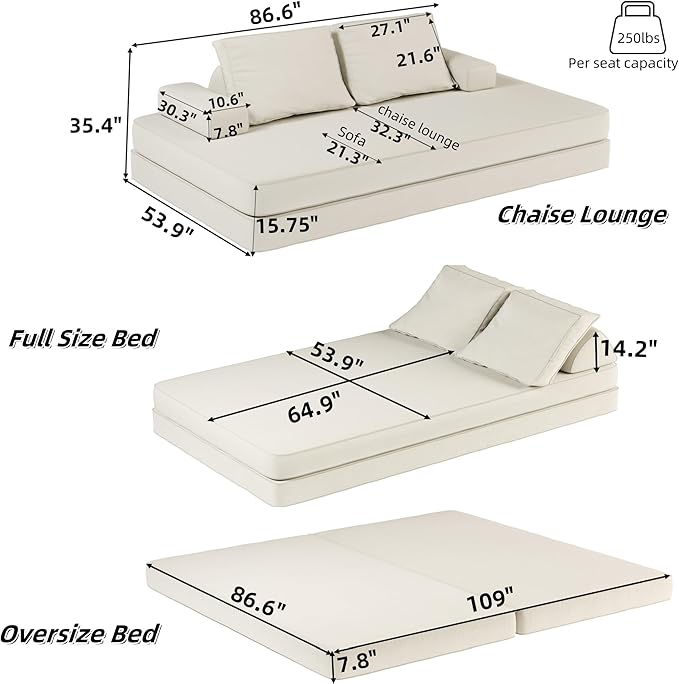 Convertible Sleeper Sofa Bed Floor Sofa,86.6" King Size Folding Mattress Couch with Pillow,Upholstered Boneless Cloud Couch for Apartment Living Room Bedroom (Beige)