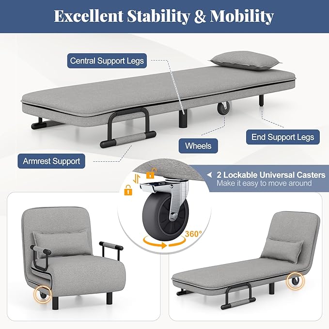 Giantex Convertible Sofa Bed, 3-in-1 Folding Sleeper Chair with 5-Position Adjustable Backrest, Wheels, 2 Legs, Recliner Chaise Lounge with Pillow, Armchairs for Nursery Living Room (Light Gray)