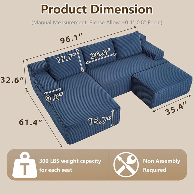 96" U-Shape Cloud Couch, Modern Modular Sectional L-Shape Sofa with Ottoman, Corduroy Upholstered Couches Deep Seat Sleeper Chaise Longue for Living Room, No Assembly Required(Blue, Left Facing)