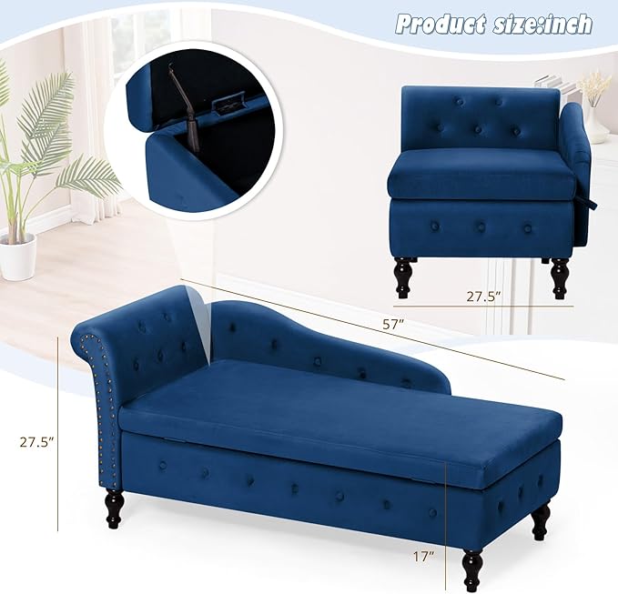 ACMEASE Upholstered Velvet Chaise Lounge with Left Armrest & Storage Space,Button Tufted Lounge Chair w/Lumbar Pillow,Modern Lounge Chair for Bedroom, Living Room and Office,Blue