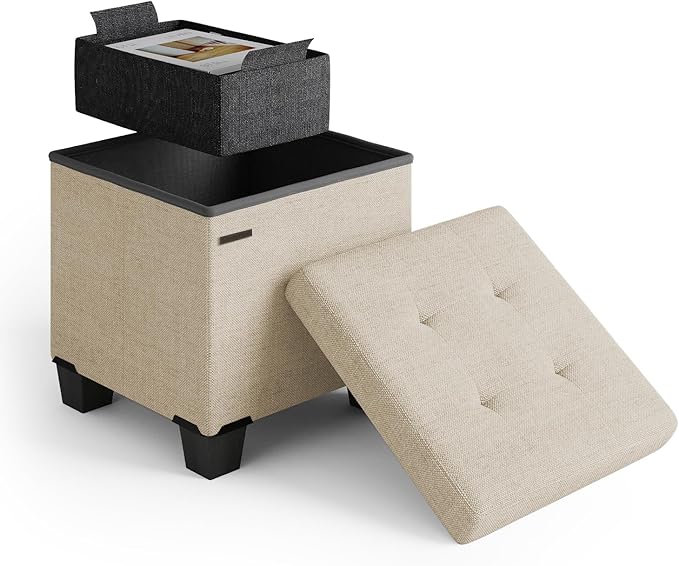 Storage Ottoman Cube with Small Bin, 16-in Square Ottoman with Storage for Living Room and Bedroom, Small Ottomans Foot Rest, Fabric Foot Stools Ottomans Max 330lbs, Beige
