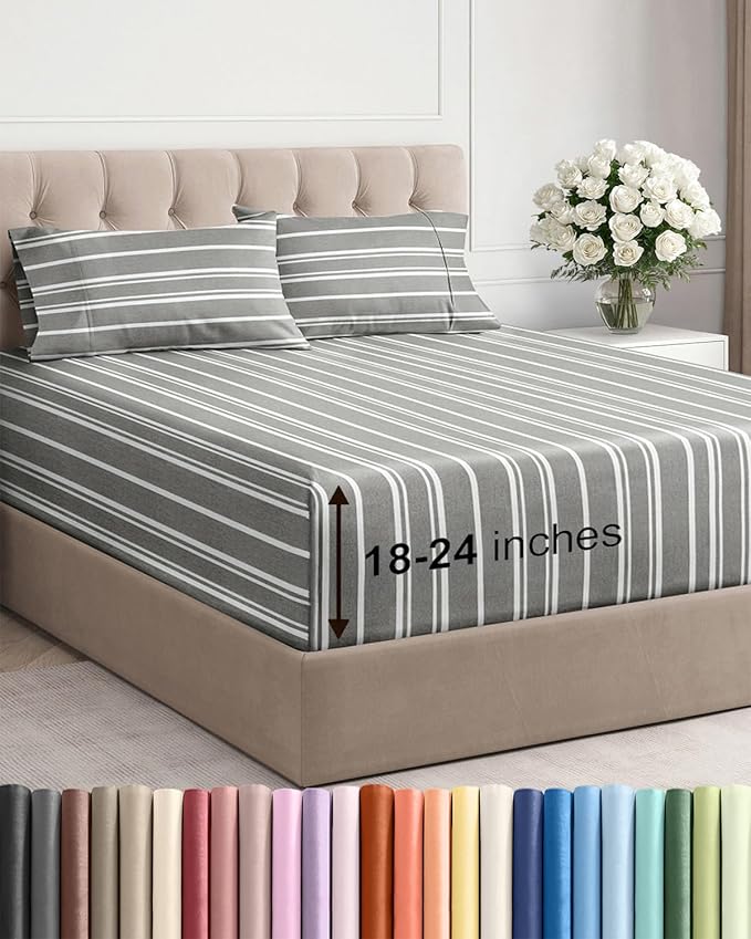Extra Deep Pocket Cal King Sheets - 4 Piece Breathable & Cooling Bed Sheets - Hotel Luxury Bed Sheet Set - Soft, Wrinkle Free & Comfy - Easily Fits Extra Deep Mattresses - Grey Striped Sheets Set