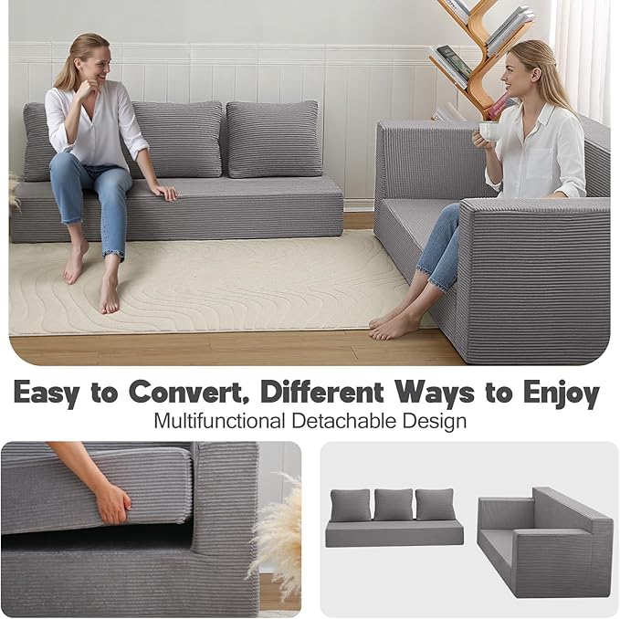 MeMoreCool Sleeper Sofa Bed – 3 Seater Convertible Floor Couch with Pillows, Grey Corduroy Foam Lounger, No Assembly Comfy Folding Futon | Space-Saving Foam Sofa for Small Rooms & Apartments