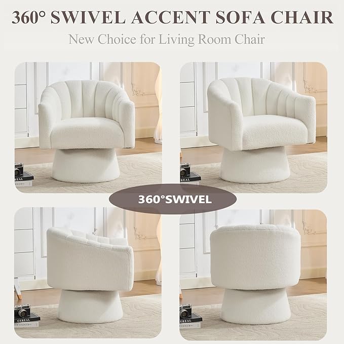 Swivel Accent Chair,Upholstered Teddy 360° Swivel Barrel Chair for Living Room Overstuffed Bouncle Reading Chair Round Armchair for Bedroom,Vanity,Office-White
