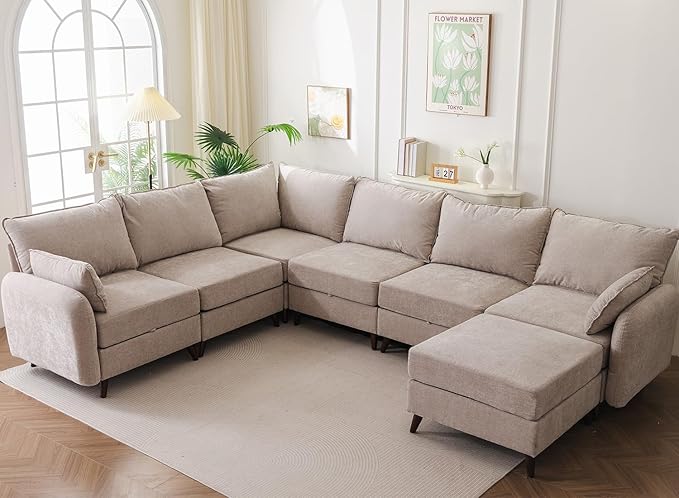 Rexulqo 135'' Modular Sectional Sofa with Storage Seat,Oversized U Shaped Couch with Ottoman,7 Seater Couches for Living Room,Bedroom,Velet,Khaki