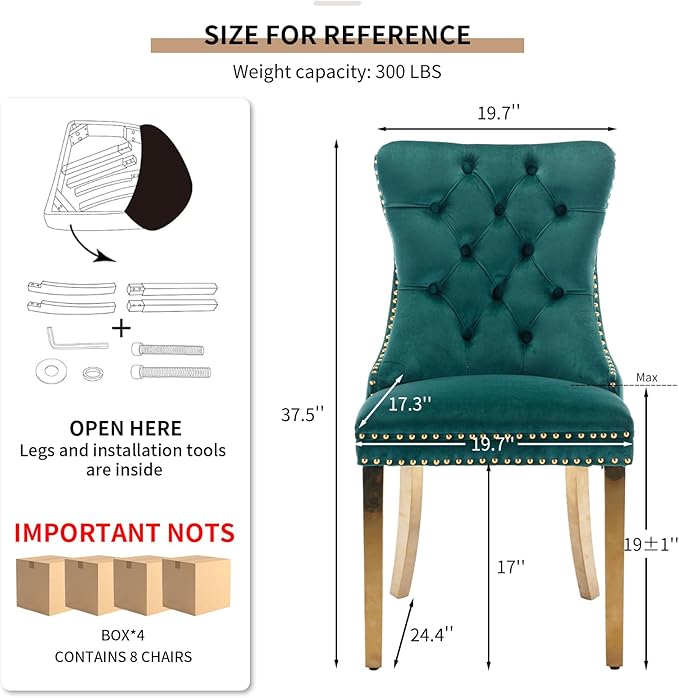 YeahFurn Mid Century Modern Dining Chairs Set of 8, Green Velvet Upholstered Tufted Back, Kitchen & Dining Room Chairs, Gold Metal Legs, Nailhead Trim, Sillas para Comedor (Green, 8 Pcs)