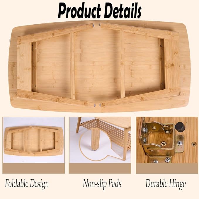 Bamboo Coffee Table Folding Floor Table,Floor Desk for Adults Low Table for Sitting on the Floor Folding Table for Living Room Japanese Table Bamboo 19.7x38.6in with Open Storage Shelf,No Assembly