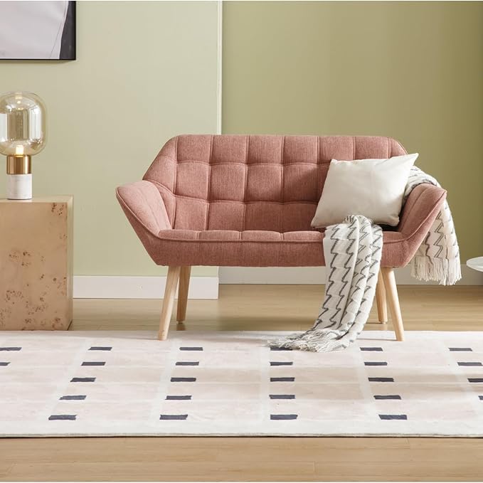 QUINJAY 48" Small Loveseat Sofa, Modern Linen Fabric Mini Sofa Couch 2-Seater Love Seat with Quilting Backs and Wood Legs for Living Room, Bedroom and Small Space, Pink
