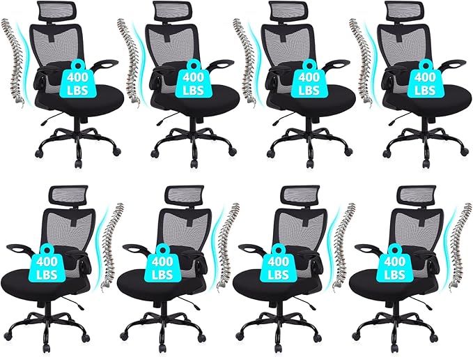 CLATINA Heavy Duty Ergonomic Mesh Office Chair 400LBS, Big and Tall Desk Chair with Adjustable Lumbar Support & Headrest, Flip Up Padded Arms, High Back Computer Chair for Home Office, Black, 8 Pack