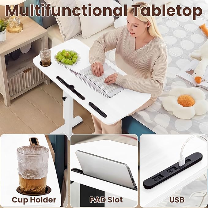 Overbed Table with Adjustable Height, Hospital Bed Table with Wheels, Rolling Bedside Table Pneumatic Mobile Standing Laptop Desk with USB Charging and Cup Holder