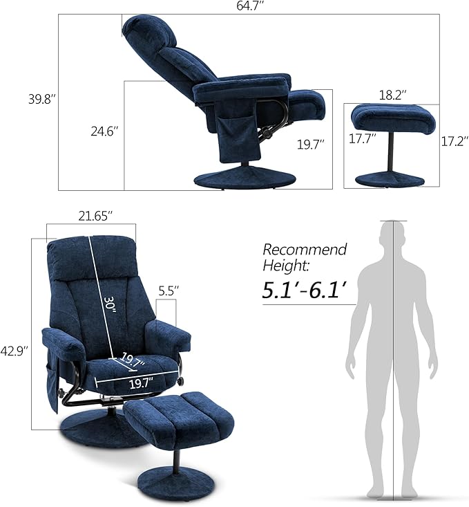 MCombo Swivel Recliner with Ottoman, TV Chair with Vibration Massage, Ideal for RV Small Space, Living Room & Bedroom 4828 (Textile, Blue)
