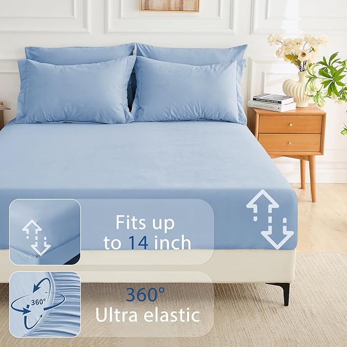 MUXHOMO 7 Pieces California King Comforter Set, Soft Bed in a Bag Cal King Size, All Season Bedding Set with Comforter, Flat Sheet, Fitted Sheet, Pillowcases & Shams, Greyish Blue