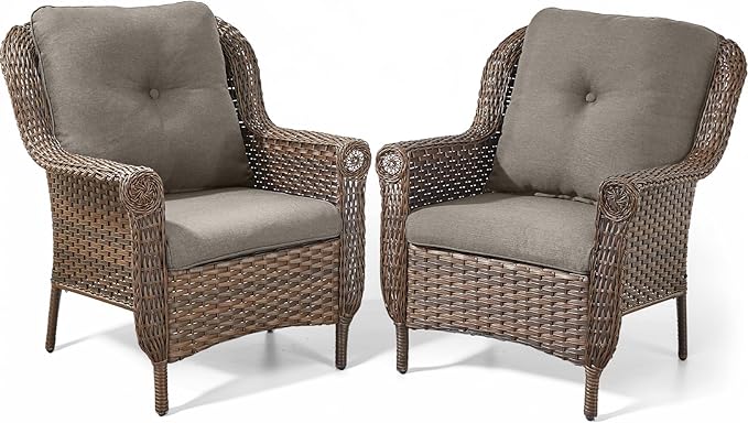 ACTREST Patio Wicker Chairs Outdoor Furniture Chair - Set of 2 Outside All Weather Lawn Dining Brown Rattan Armchair with High Back&Deep Seating for Deck Porch Balcony Backyard Garden - Grey