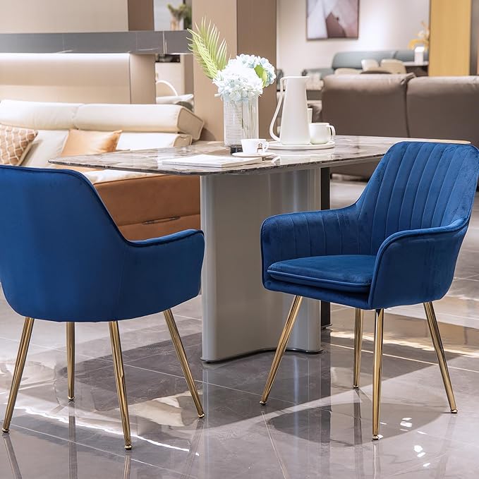 Purgreen Velvet Dining Chair Set of 6 - Modern Mid-Back Accent Chair with Gold Plating Legs - Comfy Upholstered Chair for Living Room,Restaurant,Kitchen & Reception Room (Velvet Blue, Set of 6)