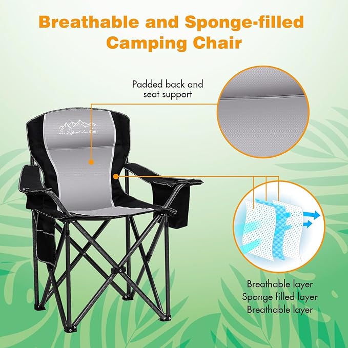 SAILARY Folding Camping Chair Portable Outdoor Heavy Duty Padded Chairs Lawn Chair with Cup Holder, Storage Pocket and Cooler Bag, Supports 450LBS Black
