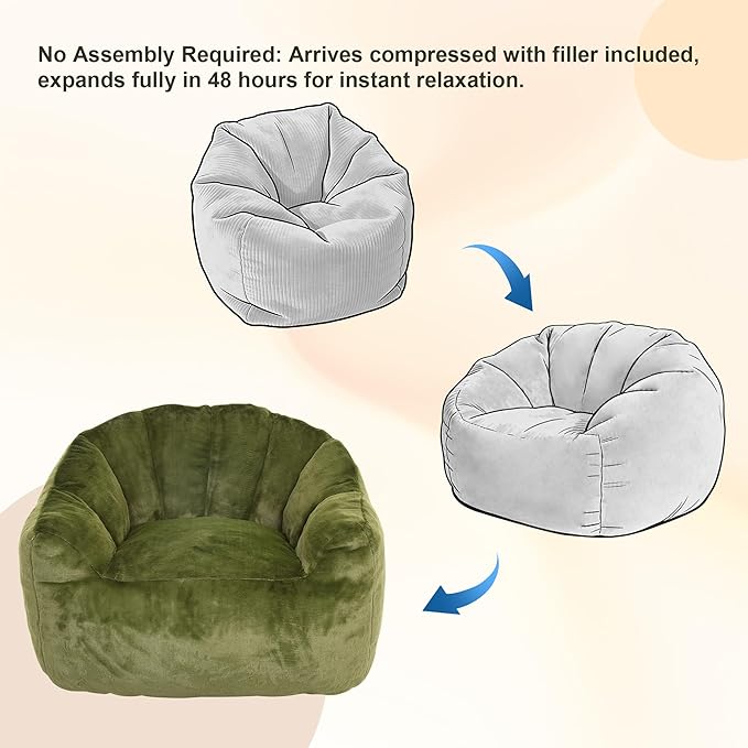 Bean Bag Chair, Bean Bag Couch for Adults and Kids, Comfy Shell-Shaped Chair with Filler Armrests Stuffed High-Density Foam Stuffed Sofa Lounge Floor Sofa for Bedroom,Gaming, Reading,Green