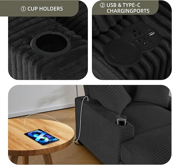 Oversized 60" Chaise Lounge Chair with Adjustable Backrest, Solid Wood Frame Corduroy Upholstery, Cup Holder USB & Type-C Port, 2 Pillows Sleeper Couch Deep Seat for Living Room, Bedroom, Black