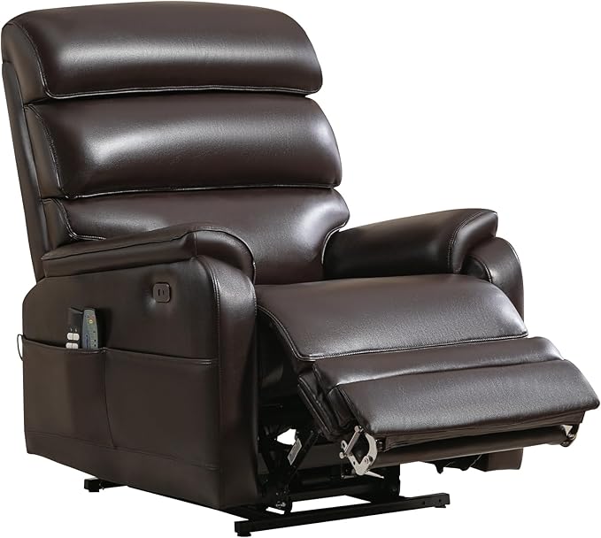 Power Lift Recliner Chair, Big Tall Man Lay Flat Ergonomic Lounge with Extended Footrest for Elderly People, Single Sofa Heat & Massage. Home Theater Seat, USB&Type-C Port (PU Leather, Reddish Brown)