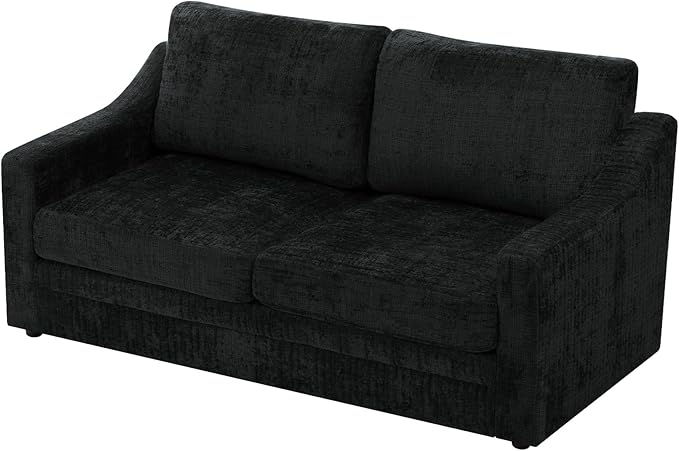 ACMEASE 67 Inches Chenille 2-Seat Sofa w/Comfortable Back Cushions, Modern Love Seat w/Deep Seat Space, Upholstered 2 Seater Couch w/High Resiliency Foam for Living Room, Office, Black