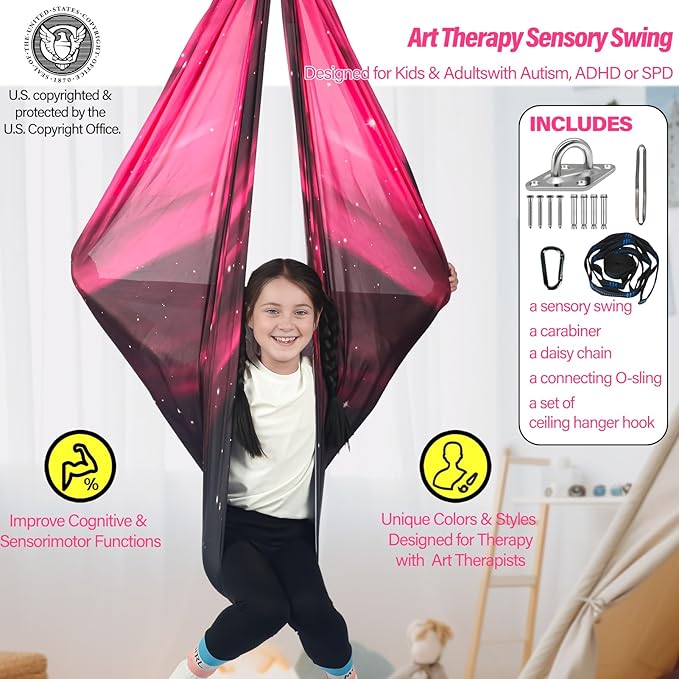 Sensory Swing for Kids Holds up to 300lbs Indoor & Outdoor Therapy Cuddle Swing with Hammock Hooks Hanger Kit for Calming, Effect for Autism, ADHD or SPD. (Space Pink)