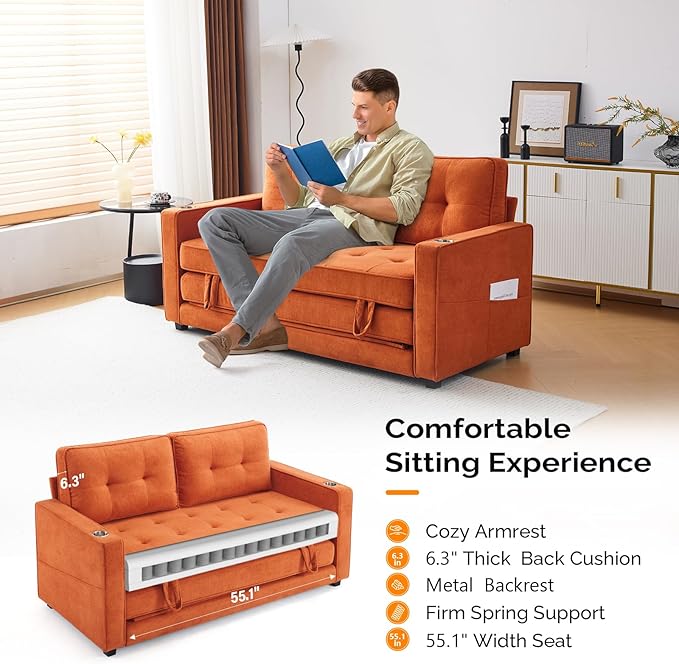 VINGLI Sofa Bed Full Size Pull Out Couch Bed Burnt Orange Futon Couch 64" W 84" L Loveseat Sleeper Floor Couches for Living Room Convertible Loveseat Sofa Foldable Sofa Bed