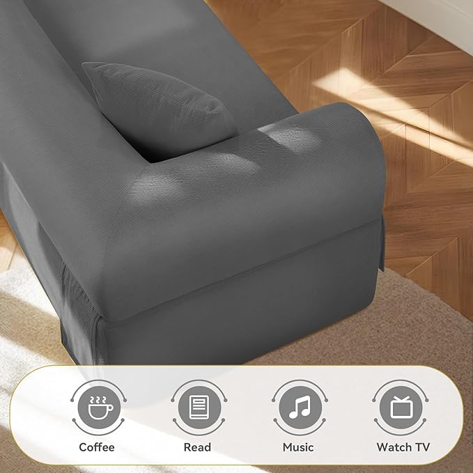 83" Boneless Couch, 3 Seater Sofa with 2 Matching Pillows Compact Corduroy Couches for Living Room Side Storage Pockets, Floor Sofa with Removable Armrests, No Assembly Required, Grey