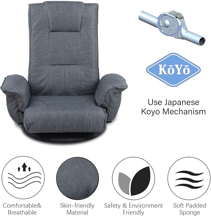 FLOGUOR 360 Swivel Gaming Chair 14-Position Adjustable Folding Floor Sofa with Armrests Lounger Bed for Home & Living Room Chaise Lounge Indoor for Adults QL201GR