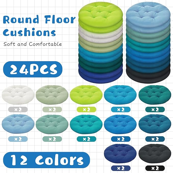 Tinideya 24 Pcs Round Floor Cushions Floor Pillows Meditation Seat Pillows Flexible Seating for Adults Kids, Chair Cushions for Classroom, Nursery, Living Room, Yoga(Medium 15.7 Inch,Blue-Green)