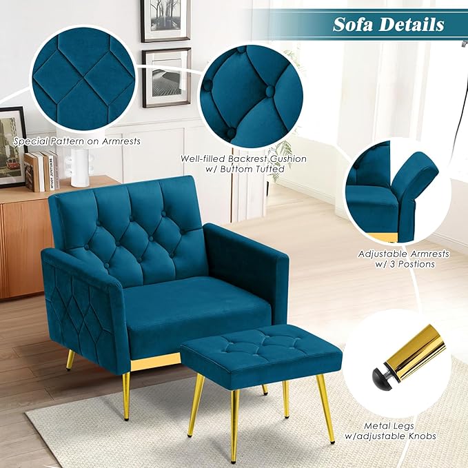 ACMEASE Velvet Accent Chair w/Adjustable Armrests and Backrests, Tufted Single Sofa with Ottoman, Upholstered Reading Chiar for Living Room, Apartment, Bedroom, Teal