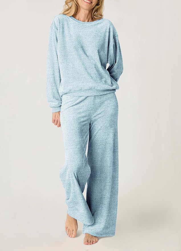 Aamikast Women's 2-Piece Lounge Set Soft Brushed Jersey Sleepwear Pajamas Set Long Sleeve Top & Wide Leg Pants