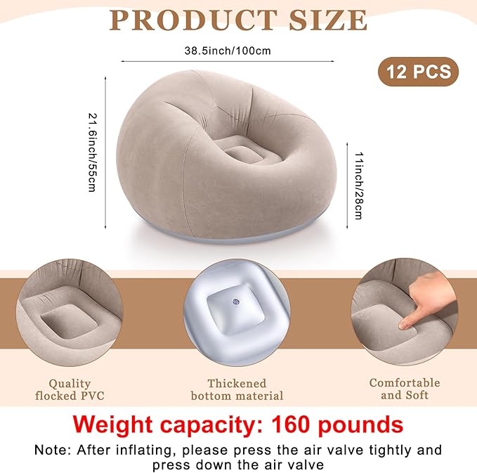 Realspring 12 Pcs Inflatable Bean Bag Chairs for Adults with Electric Air Pump, Blow up Couch Folding Portable Inflatable Couch Lazy Sofa for Outdoor Movie Nights Camping Room (Coffee)