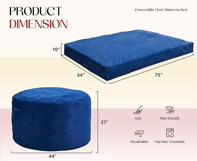 Hobestluk Giant Bean Bag Chair Bed for Adults, Large Bean Bags with High-Density Foam Filling, Convertible Big Sofa Bed Couch for Living Room, Bedroom, Playroom (Blue, Full)