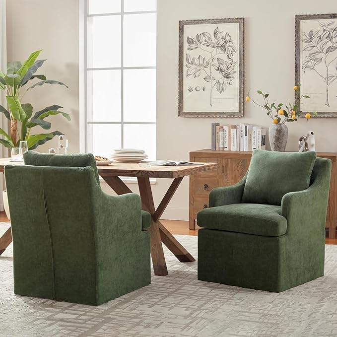 VKNOW Upholstered Dining Chairs Set of 4, Modern Kitchen Chairs Dinner Chairs with 4 Casters, Linen Armchair for Bedroom Reading Room Living Room, Green