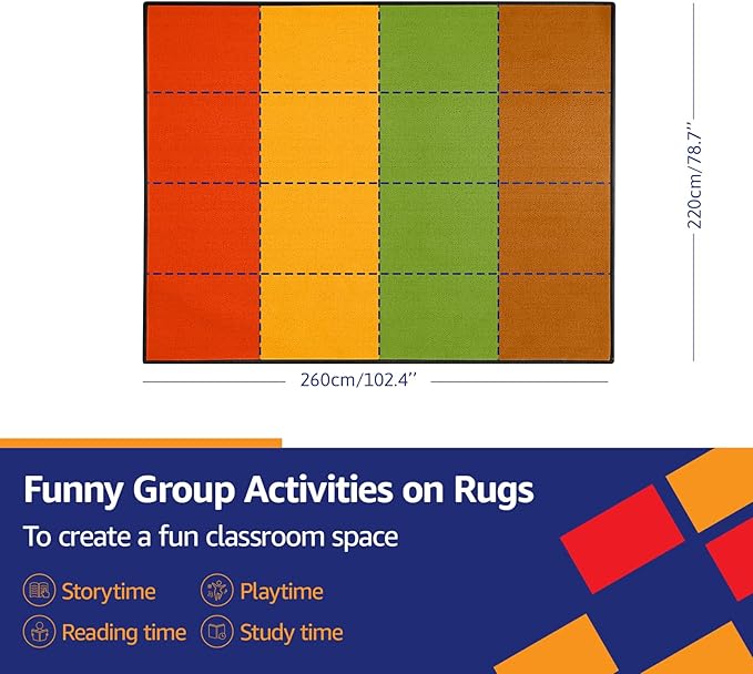 Classroom Rug 16 Seats Carpet for Elementary Preschool Homeschool Daycare Playroom Reading Circle Time Activity Soft Washable Foldable Non Slip Backing Rolling Packing (6.5 x 8.5 ft)