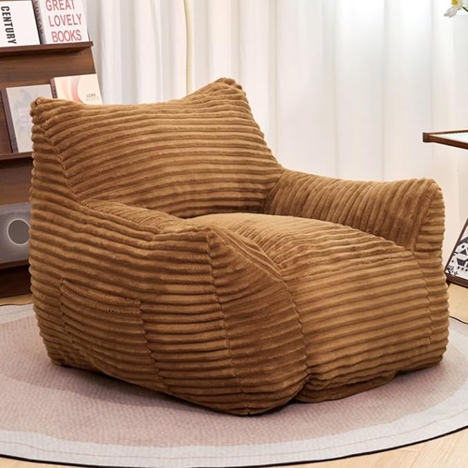 Giant Bean Bag Chair for Adults, Corduroy Upholstered Beanbag Chair with Side Pocket, Comfy Bean Bag Sofa with Portable Handle, Floor Sofa Chair for Bedroom (Brown)