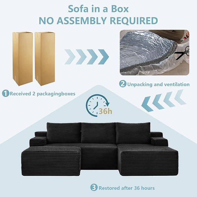 96" W Cloud Sectional Couch with Ottoman,Modern U-Shaped Cloud Couch with Side Pockets,Comfy Corduroy 3-Seater Sofa,Memory Foam Sofa for Living Room,No Assembly (Black,Right-Facing Chaise)