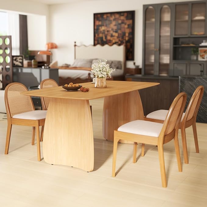 HEAH-YO Rattan Dining Chairs Set of 6, Upholstered Linen Dining Room Chairs with Backrests, Modern Kitchen Chairs with Wood Legs for Dining Room, Beige