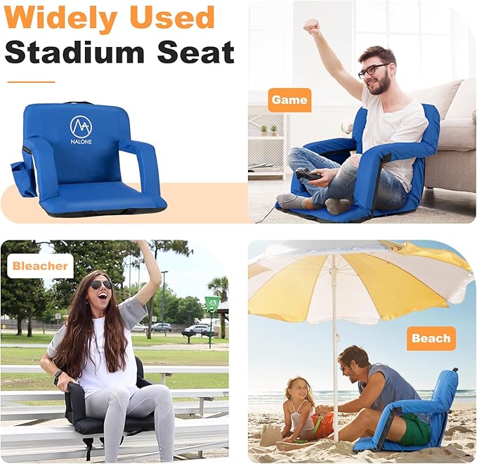 nalone Folding Stadium Seat Set of 2, 20.5 inch Wide Stadium Chairs for Bleachers Stadium Seat Bleacher Chairs Portable with Back Supports Thick Padded Cushion Armrests Reclining (Blue)