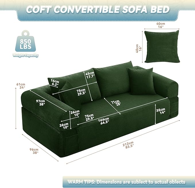 GJQ 83" Boneless Couch for Living Room,Corduroy 3 Seater Sofa in a Box with 4 Pillows & Storage Pocket,No Assembly Cloud Sofa Bed Oversized Floor Sofa,Green