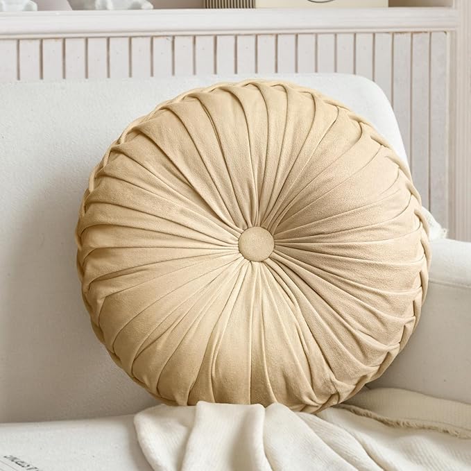 Teieas 2 Pcs Round Throw Pillows Decorative Pumpkin Velvet Boho Pleated Bed Pillows Back Support for Couch Chair Dorm Car 14.96'' (Apricot)