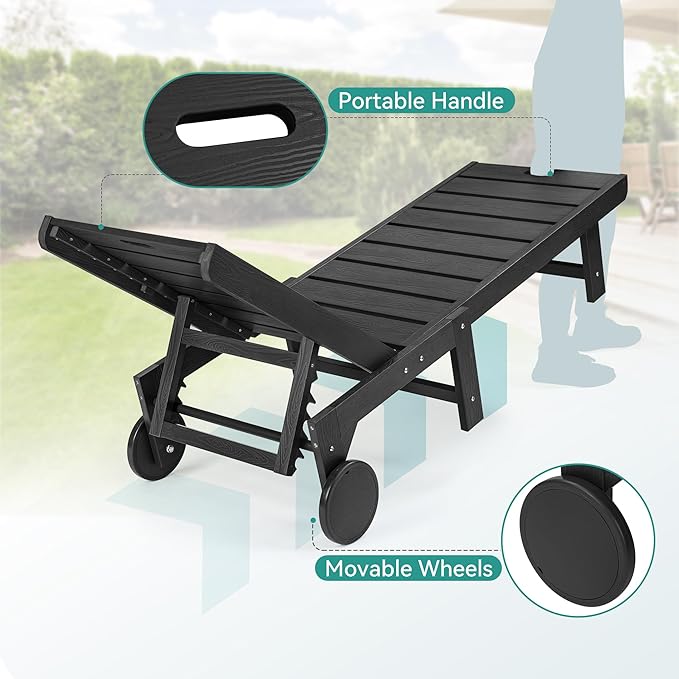 Outdoor Chaise Lounge Chairs with Table, 6-Piece, 26.8” Super Wide Lounge Chair Outdoor, HDPS Pool Chairs with 5 Positions, Patio Lounge Chair with Wheels for Pool,Lawn,Backyard, Black