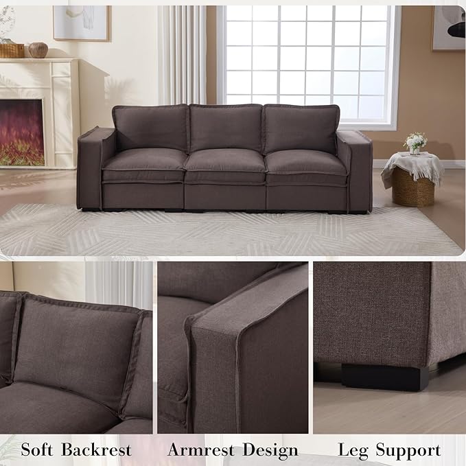 HEAY-YO 93 Inches Modern Modular Sectional Sofa,3-Seater Comfy Couch with High Density Foam and Armrests,Floor Sofa for Living Room Bedroom Apartment,Linen Grey