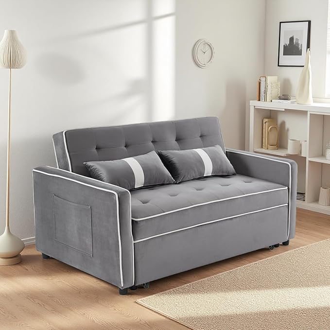3 in 1 Convertible Loveseat Sleeper Sofa, Modern Futon Couch with Adjustable Backrest, Pull Out Sofa Bed Upholstered for Living Room Bedroom Apartment Small Space (Grey)