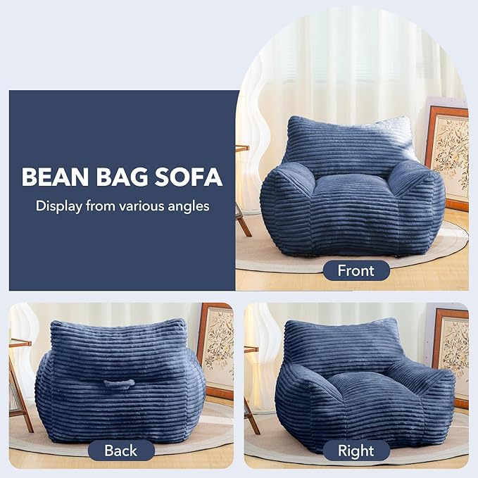 Giant Bean Bag Chair for Adults, Corduroy Upholstered Beanbag Chair with Side Pocket, Comfy Bean Bag Sofa with Portable Handle, Floor Sofa Chair for Bedroom (Blue)