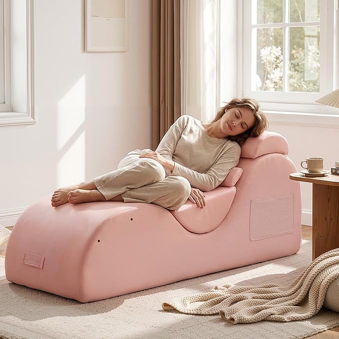 Yoga Chaise Lounge Chair, S-Shaped Floor Sofa with Moveable Headrest, Lumbar Pillow, Support Cushion, Footrest, Non-Slip Base, No-Assembly Lounger for Stretching, Meditation & Relaxation (Pink)