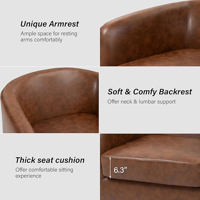 Swivel Barrel Chair, Modern Round PU Leather Accent Armchair for Living Room, Bedroom, Oversized Comfy Club Reading Chairs for Adults (Leather Coffee, Set of 2)