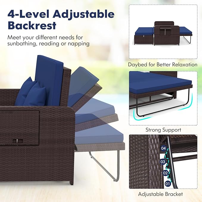 RELAX4LIFE Wicker Patio Outdoor Daybed - Rattan Day Bed Lounger with Loveseat & Storage Ottoman, Sunbed Sofa Set w/Cushions, 4-Level Adjustable Backrest & 2 Retractable Trays, Patio Daybed (Navy)