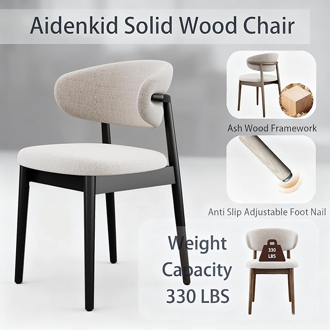 Set of 2 Solid Ash Wood Dining Chairs, Upgraded Reinforced Zero-Wobble Frame, Mid-Century Modern Side Chairs with Ergonomic Curved Backrest & Adjustable Floor Protectors (K-Black, Set of 2)