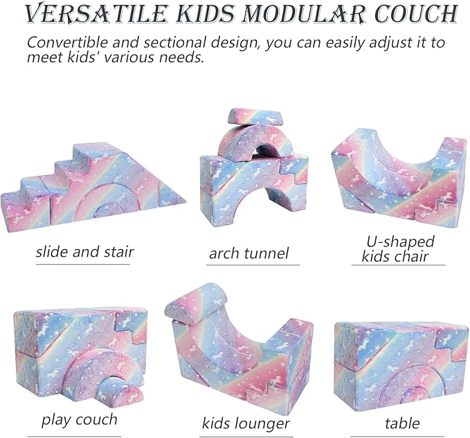 MeMoreCool Unicorn Modular Kids Sofa, Foam Couch Sofa with Slide & Stair Design, Convertible Glow Kids Couch for Playroom, Sectional Child Furniture for Bedroom Living Room, Unicorn Rainbow