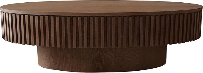 Oval Coffee Table for Living Room Modern Wood Center Tables with Storage Drum Tea Cocktail Fluted Mid Century Apartment Easy Assemble, Walnut 31.5" D x 47.2" W x14.2 H
